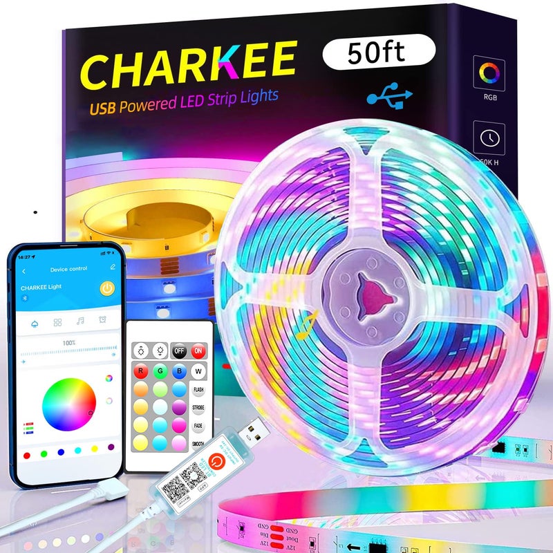 CHARKEE 50ft LED Lights USB-Powered, RGB Strip Lighting for Bedroom/TV Backlight/Gaming Lighting, Color Changing Bluetooth Led Lights with Smart App Control, Music Sync Sound Reaction - Image 1